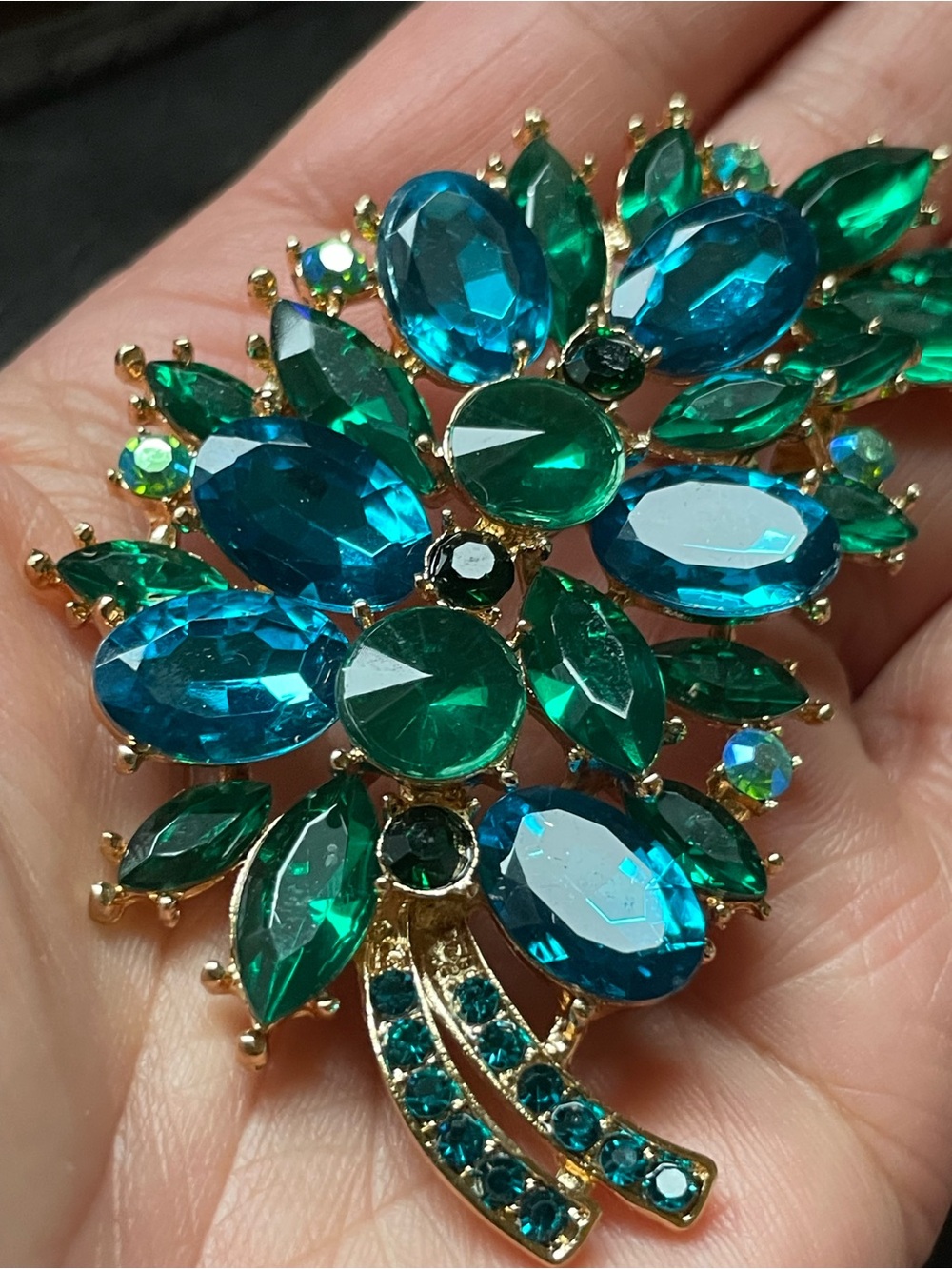 Emerald & Teal Crystal Floral Brooch - Women Jewelry - Picture 2 of 3